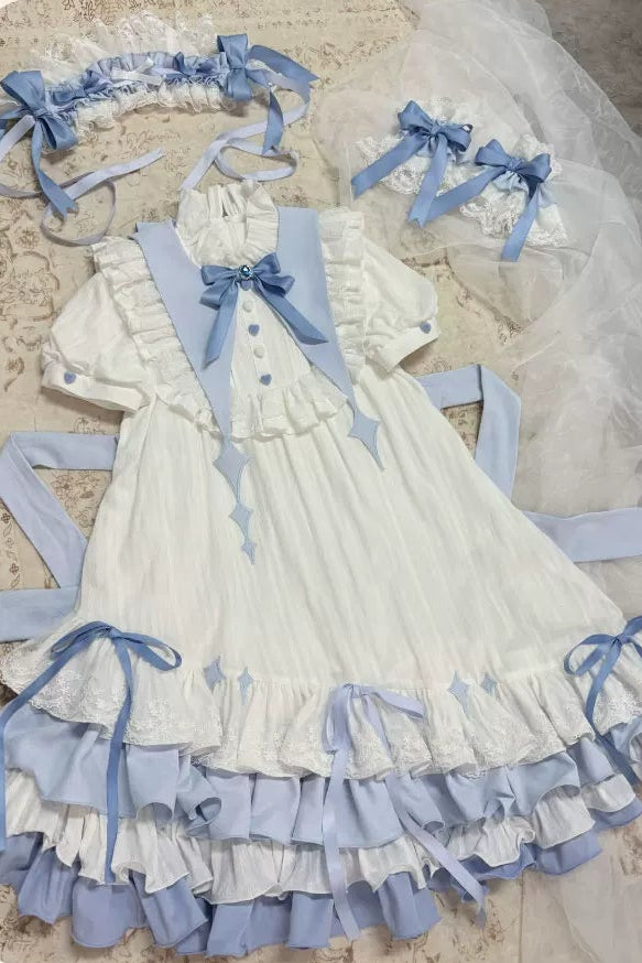 【8月29日予約締切】Blue x White/ Pink x White Doll Sweet Lolita Asymmetrical Ruffle Dress Full Set （with Pointed Collar + Bow Tie + Waist Belt）