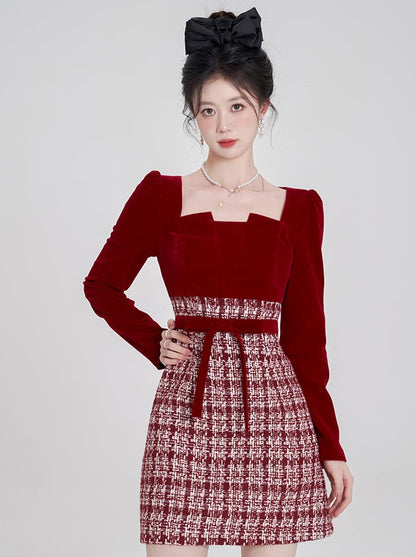 Red Check Tweed Ribbon Velour Dress