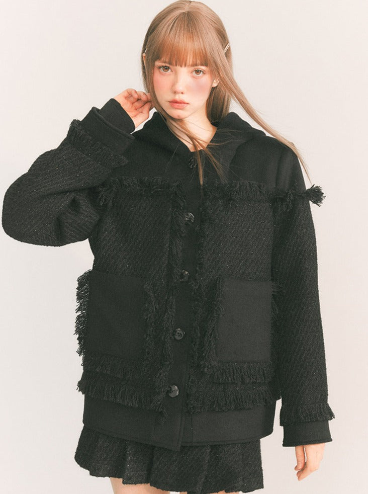 Fringe Straight Loose Hooded Wool Jacket