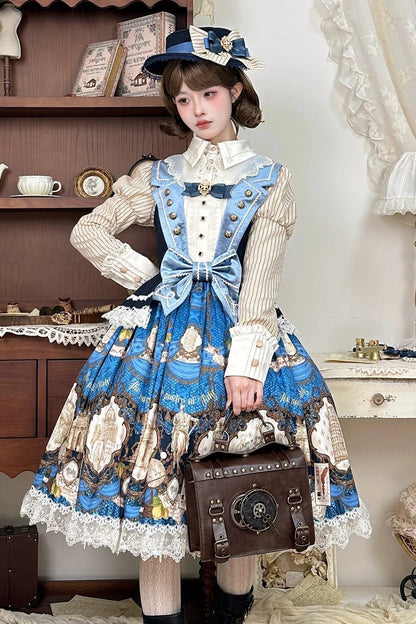 [Reservation Deadline: November 6] Beige Striped Short-Sleeve Lolita Shirt with Beautiful Embroidery and a Layered Lace Collar + Pair of Detachable Long Sleeves + Long-Sleeve Shirt (with Detachable Embroidered Collar)