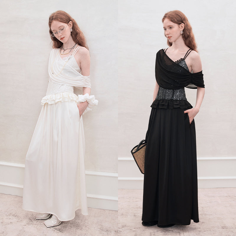 サマーアセテートレースロングドレス