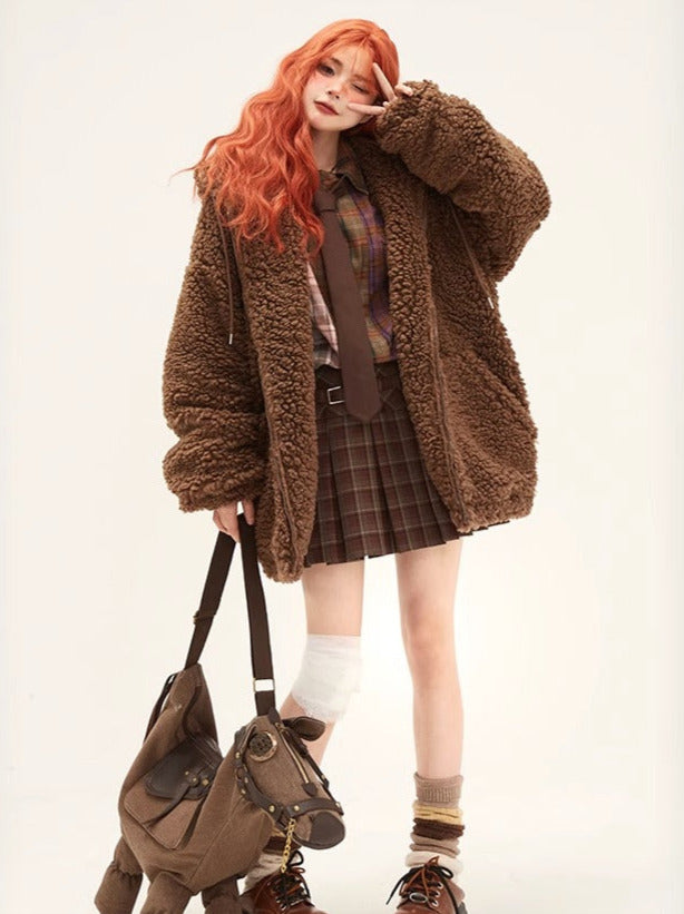 Bear Ears Hooded Lamb Wool Zipper Fur Coat