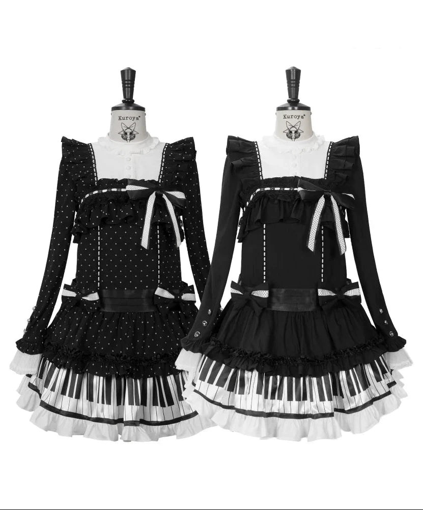 [Date limite de réservation : 22 octobre] Robe de poupée taille basse gothique Lolita à pois/noire avec touches de piano, nœud à volants