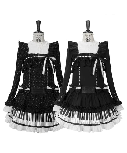 [Date limite de réservation : 22 octobre] Robe de poupée taille basse gothique Lolita à pois/noire avec touches de piano, nœud à volants