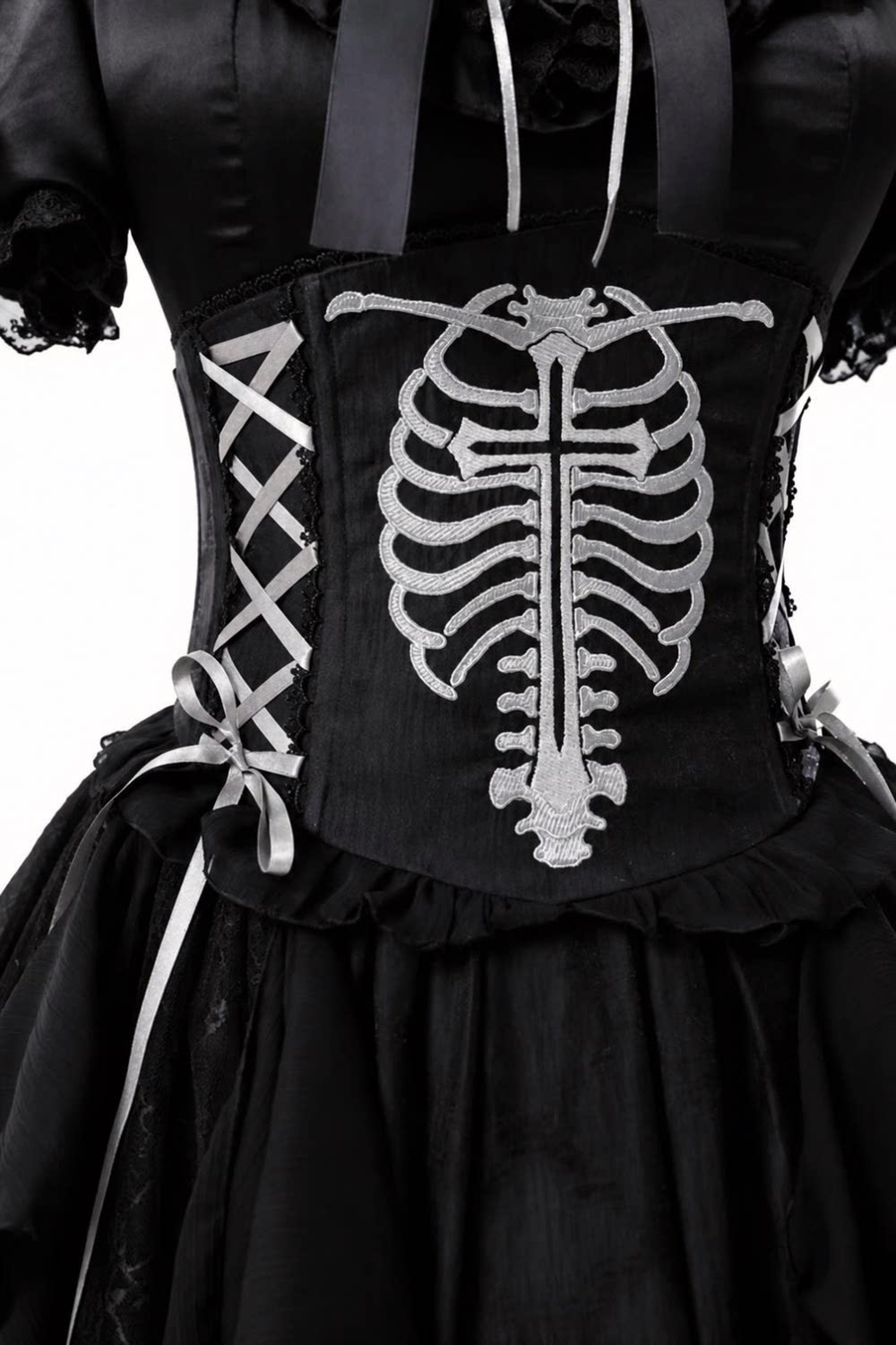【11月2日予約締切】Born Nocturne Black Gothic Puff Sleeve Lace Layered Long Dress (with Bow Tie) + Embroidered Corset Belt + Detachable Oversized Bell Sleeves