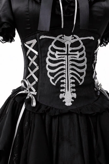 【11月2日予約締切】Born Nocturne Black Gothic Puff Sleeve Lace Layered Long Dress (with Bow Tie) + Embroidered Corset Belt + Detachable Oversized Bell Sleeves