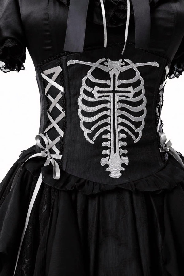 【11月2日予約締切】Born Nocturne Black Gothic Puff Sleeve Lace Layered Long Dress (with Bow Tie) + Embroidered Corset Belt + Detachable Oversized Bell Sleeves