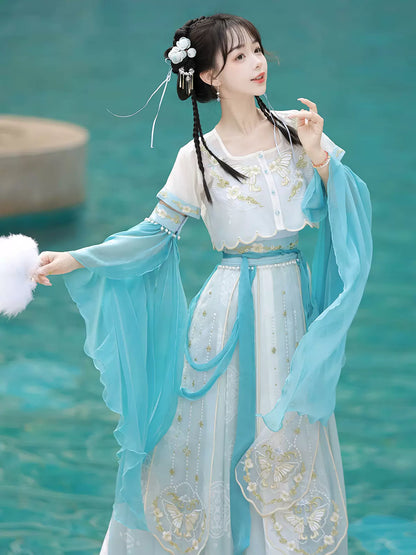 The girl's Neverless Island original blue falling sea improved Han elements new Chinese embroidered skirt suit national style