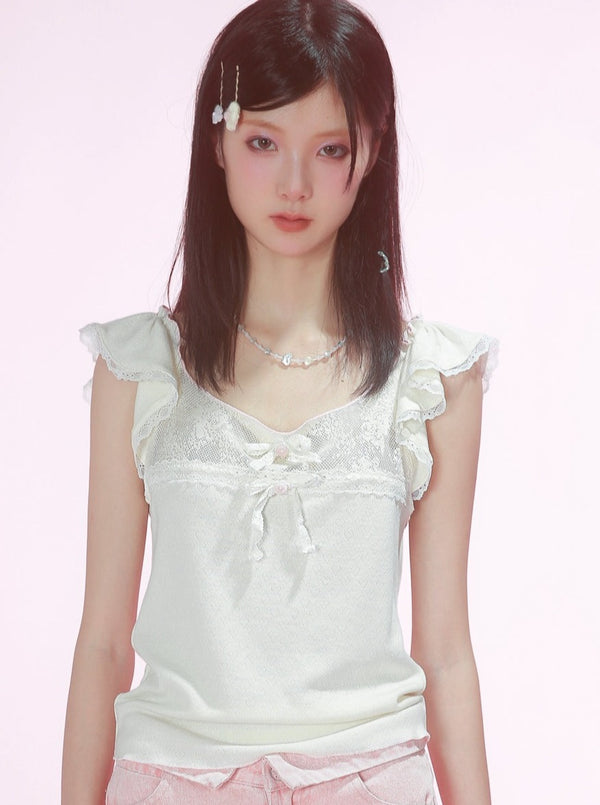 スモールフライングスリーブリボンピュアトップス