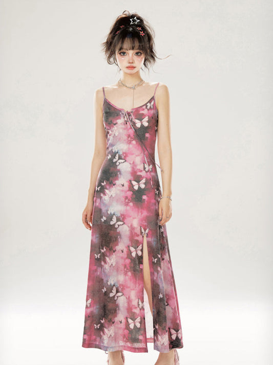 11SH97 Pink Grey Butterfly Smudge Dress Women's Summer Waist Temperament Design Sense Long Slip Dress
