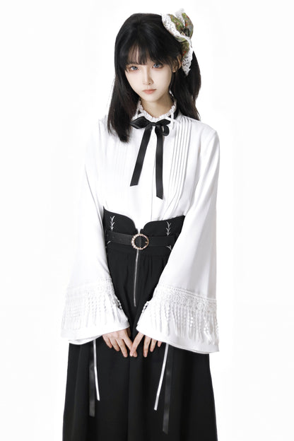 ダークモードスクエアネックカーディガン+シャツ+ロングスカート