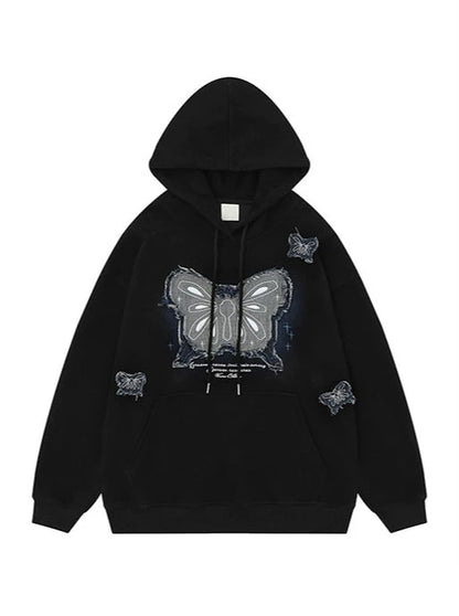 Butterfly Patch Design Hooded Sweatshirt Loose Top