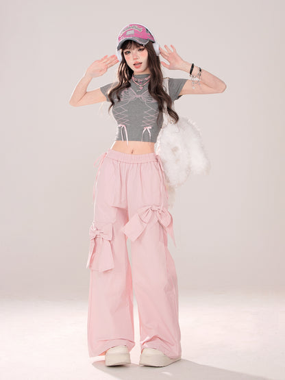 Sweet Pinky Big Bow Loose Pants