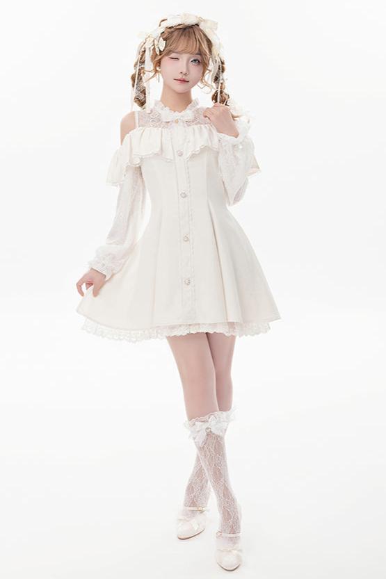 [Reservation product] Race frills off -shoulder dress