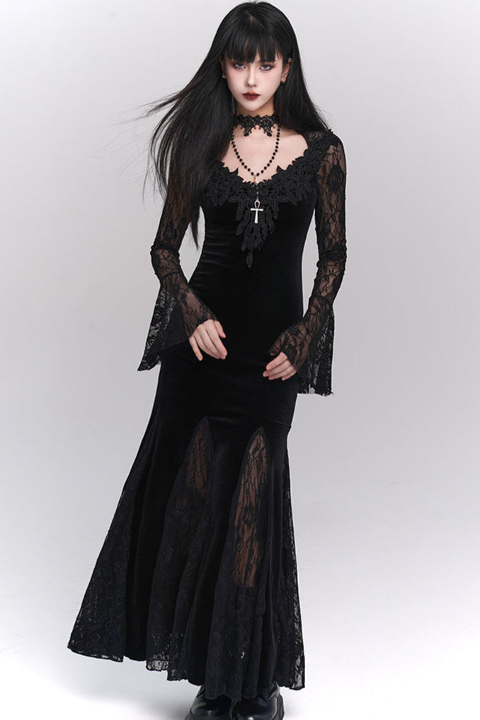 Open Neck Collar Sheer Long Dress