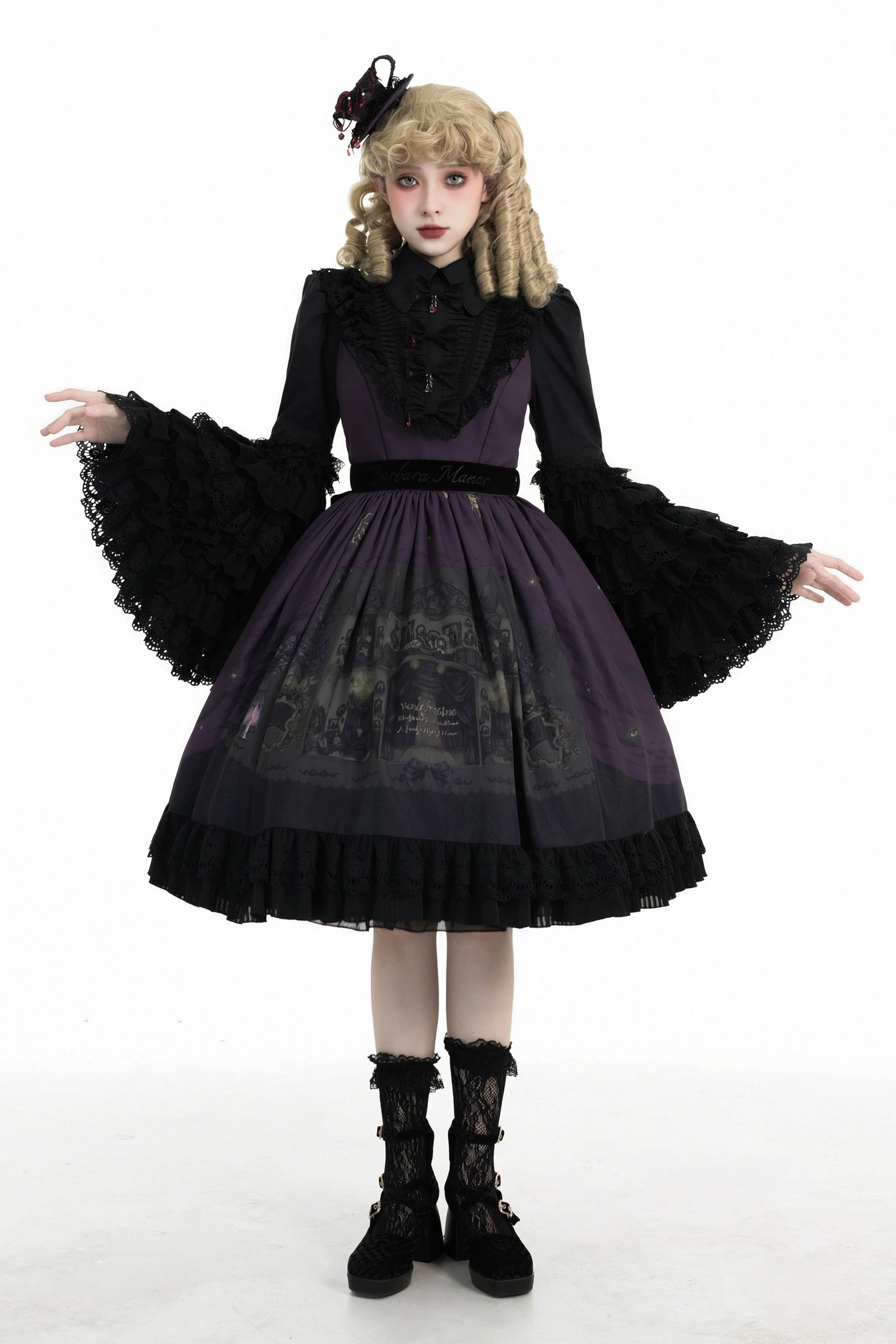 [Reservations] Dark Sleeveless Pleated Print Lapel Lolita Jumperskirt