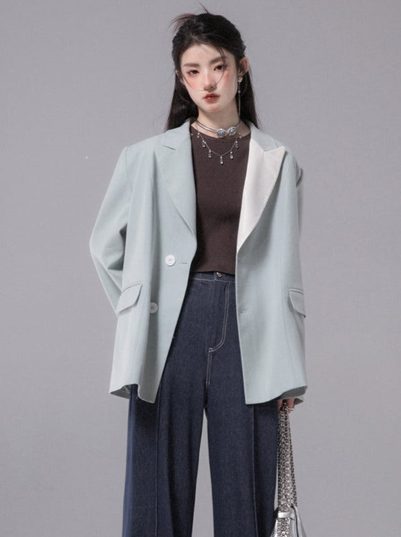 Contrast Green Field Pearl Lapel Collar Jacket