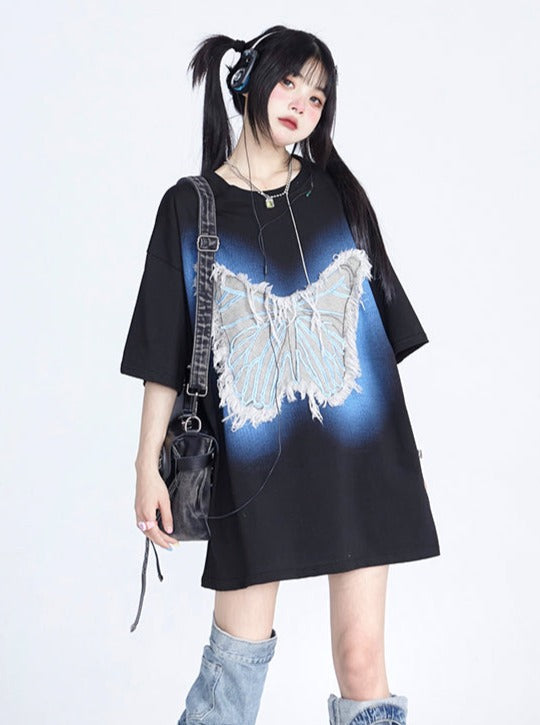 denim butterfly round neck top