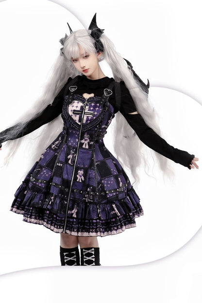 [Reservation product] Devil Heart Print Punk Goss Dog Suspender Dress