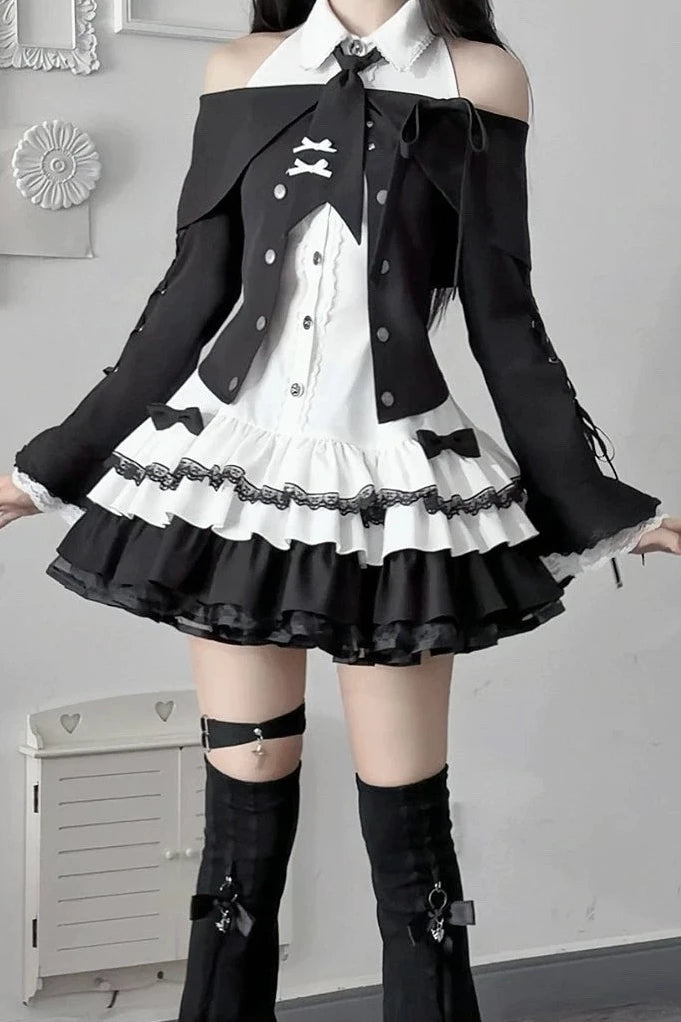 [Pre-order Deadline: October 15] Black Bow Off-Shoulder Lace Flare-Sleeve Jacket + Black and White Lace-Trim Bow Halter Dress with Tie