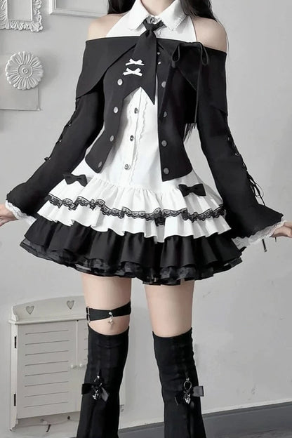 [Pre-order Deadline: October 15] Black Bow Off-Shoulder Lace Flare-Sleeve Jacket + Black and White Lace-Trim Bow Halter Dress with Tie