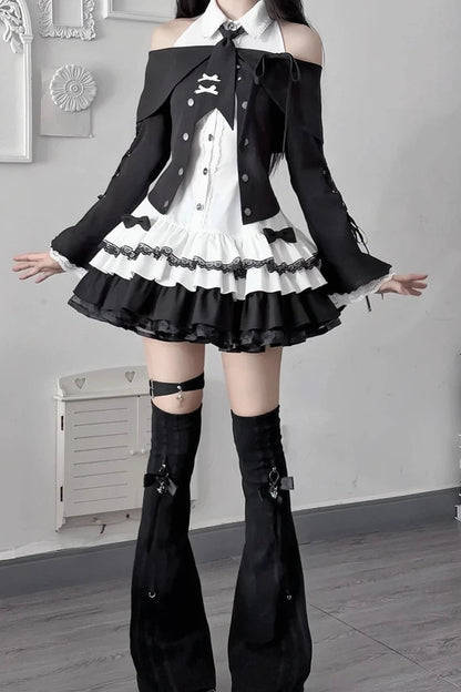 [Pre-order Deadline: October 15] Black Bow Off-Shoulder Lace Flare-Sleeve Jacket + Black and White Lace-Trim Bow Halter Dress with Tie