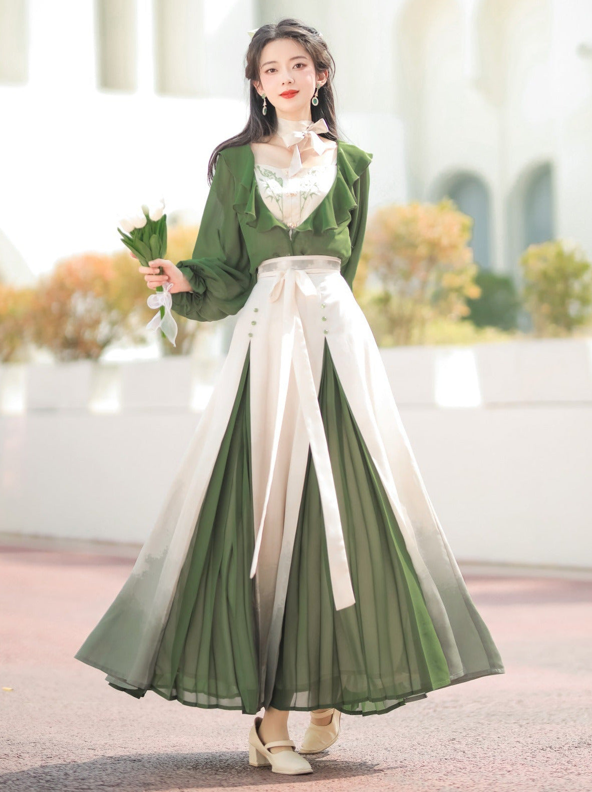 Innovative Green Ruffle Chaina Three Piece Suit