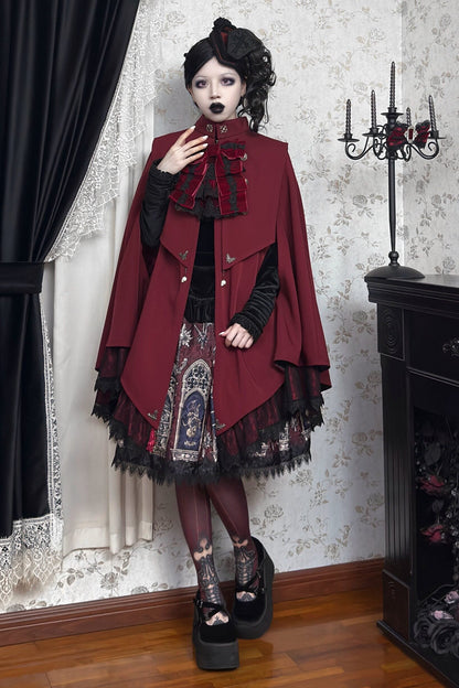 【9月5日予約締切】Dark Red/Dark Green Gothic Chain Layered Lace Cape Coat(Short Length/Long Length)