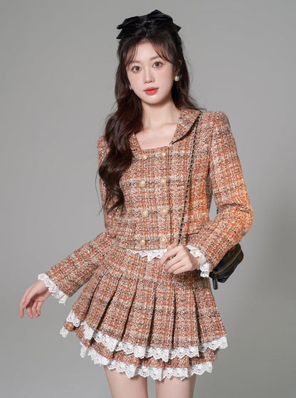 Check Wool Fragrance Lace Jacket + Pleated Tiered Skirt