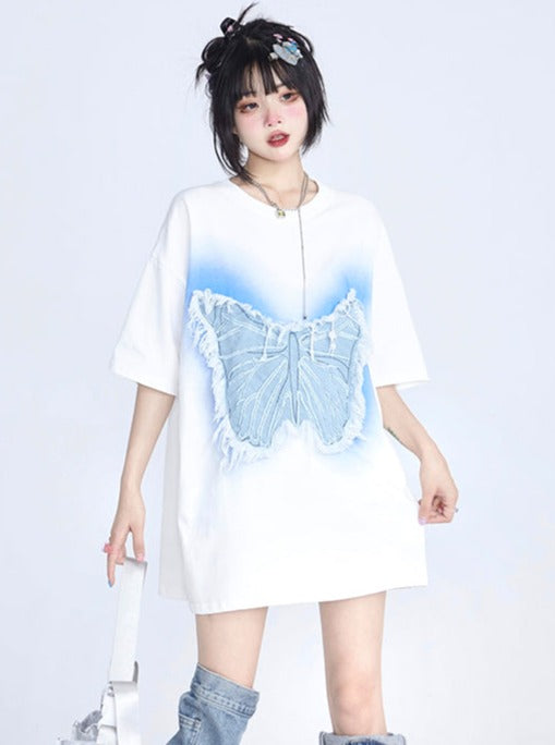 denim butterfly round neck top