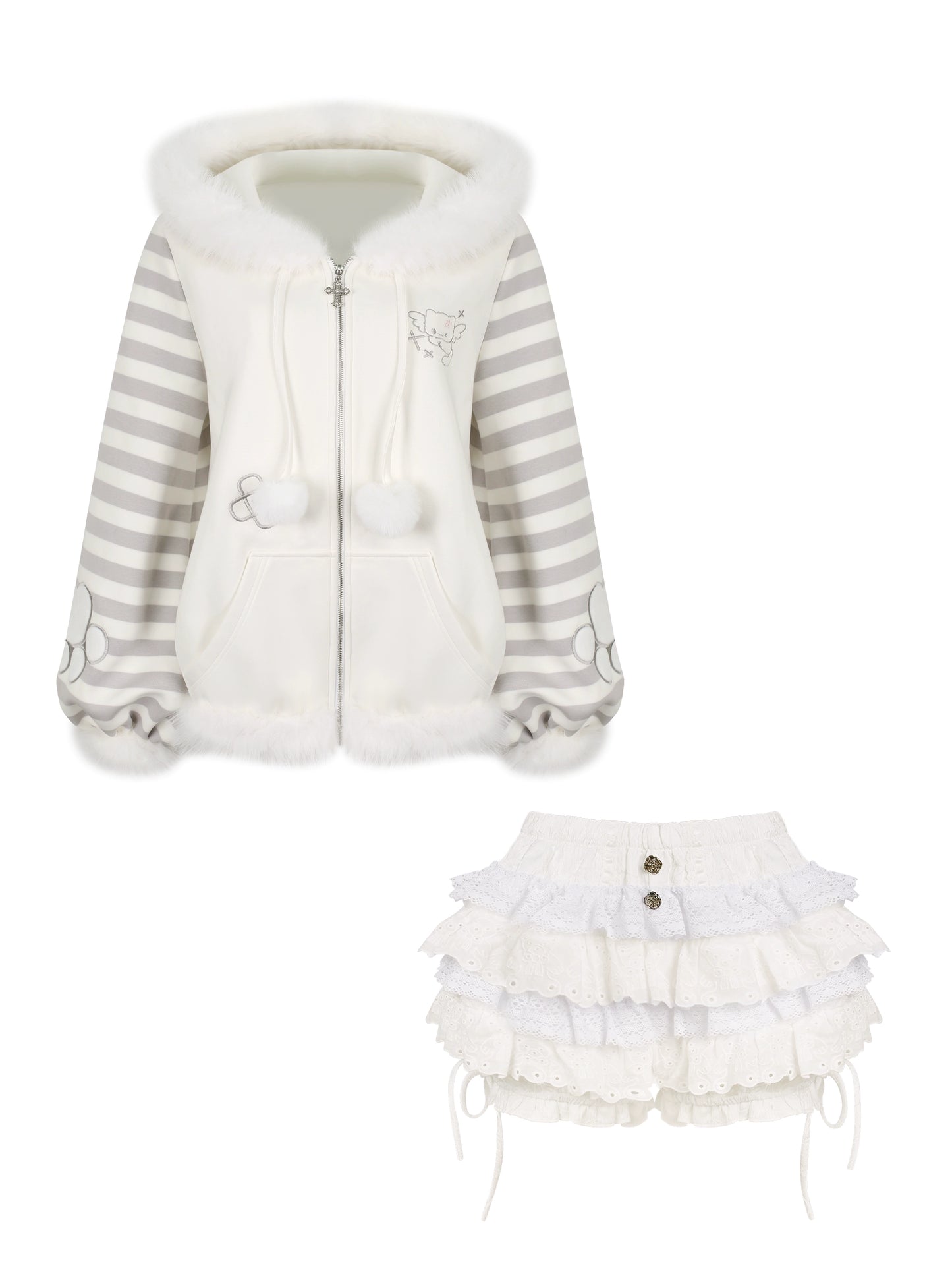 ボーダーファーフードコート+ケーキスカート