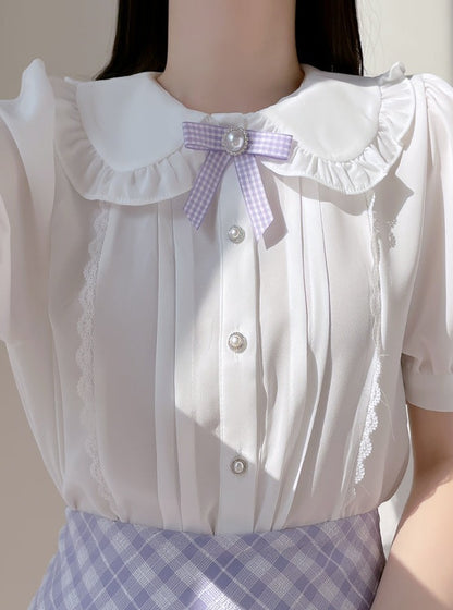 Lace color pearl ribbon blouse