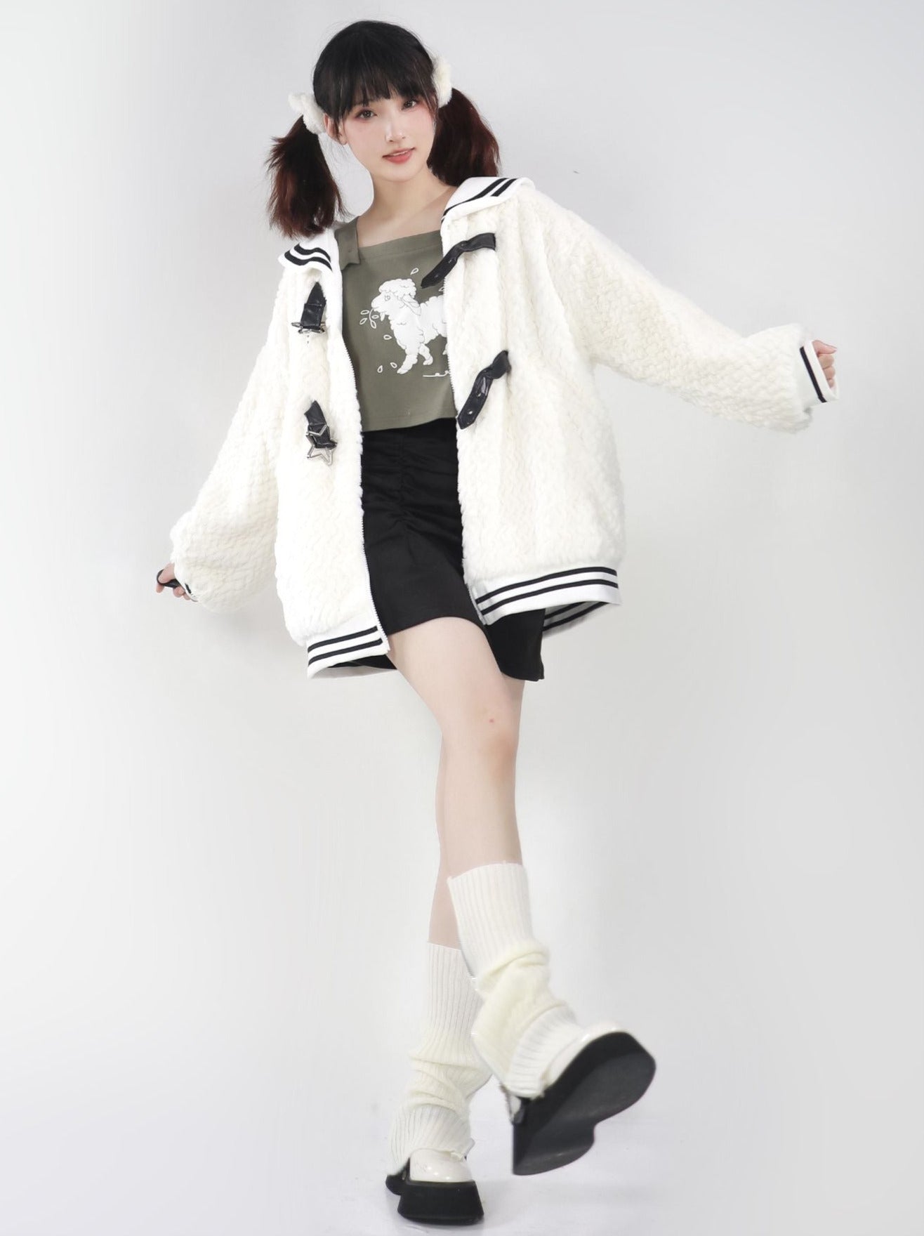 Bunny ears hoodie & sailor faux fur coat + off the shoulder sheep print top + skirt