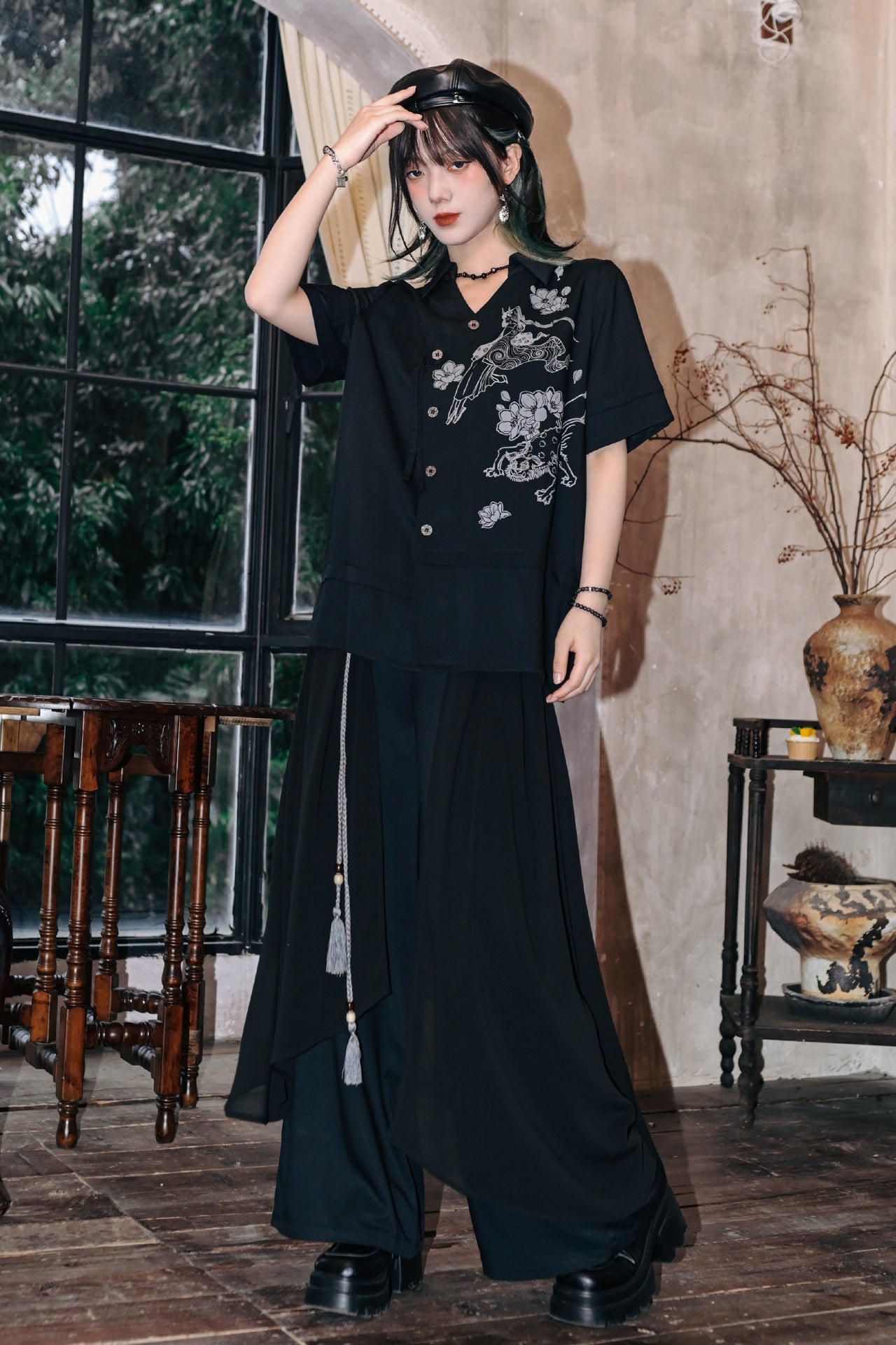 モードチャイナデザインワイドレッグパンツ