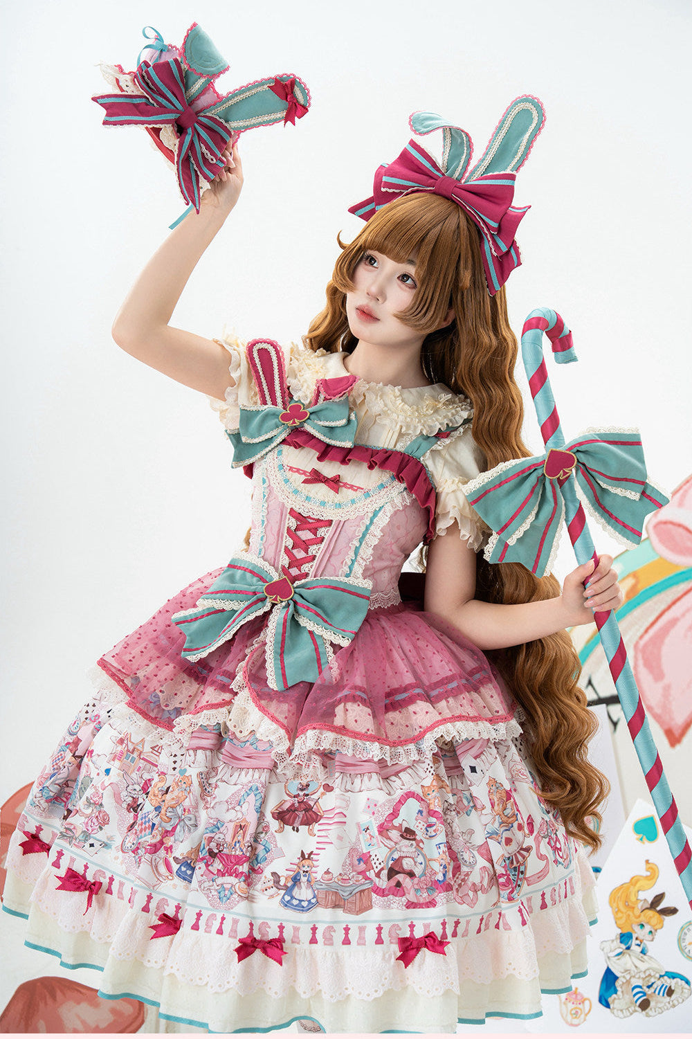 [Date limite de précommande : 1er juillet] Robe JSK sweet lolita rose x verte Alice Chat à nœud (avec surjupe en tulle à pois)