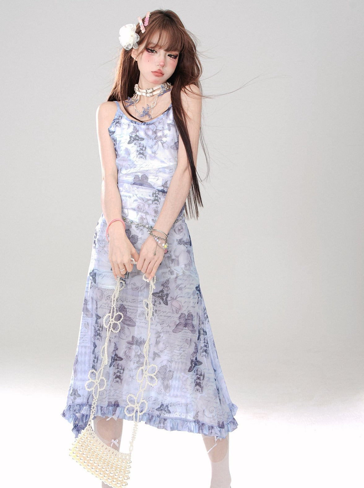 Blue Rose Butterfly Light Sheer Camisole Dress