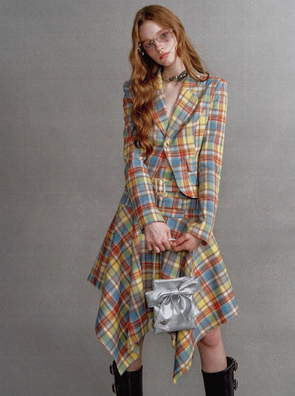 Retro Check Waist One Button Blazer Irregular Skirt Suit