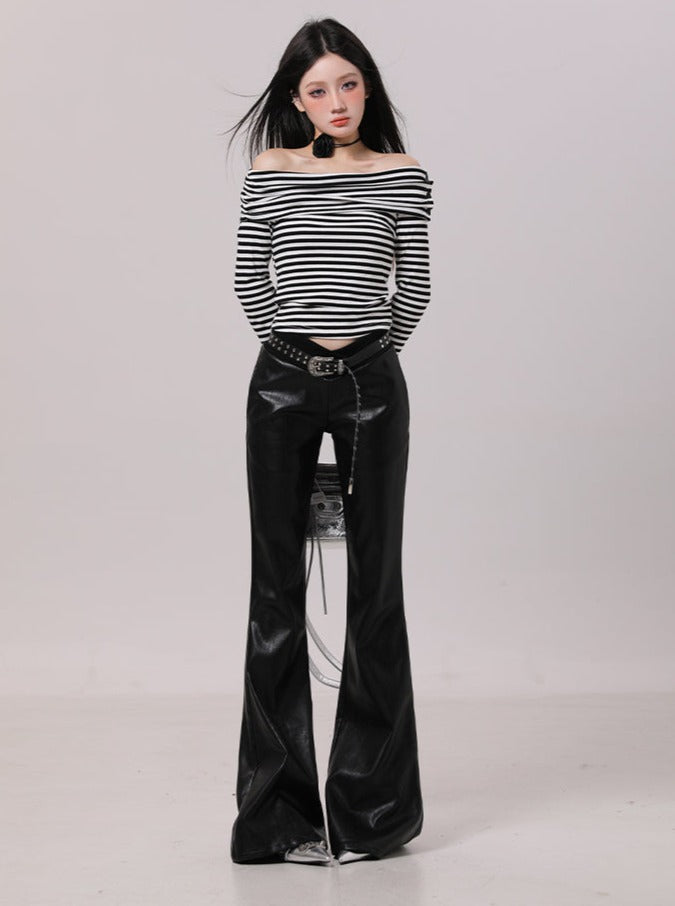 Leather design long flare pants