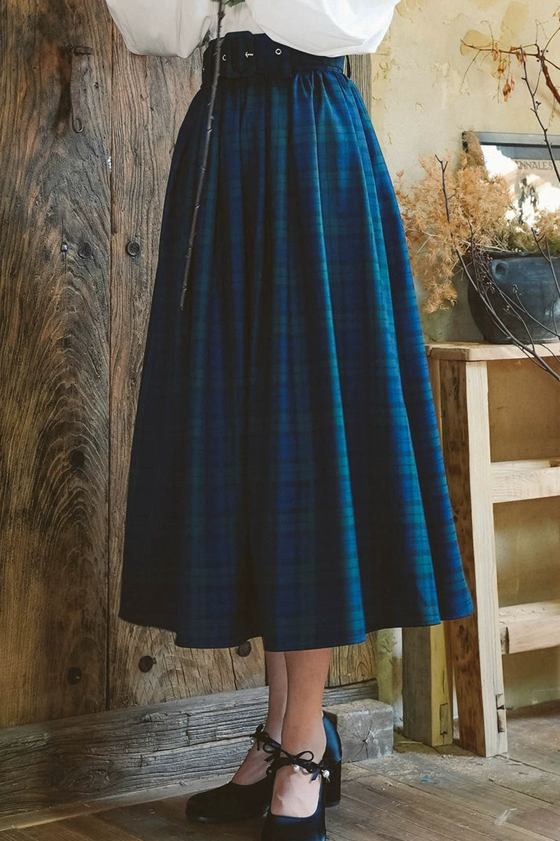 Retro Check Waist Belt Design Long Skirt