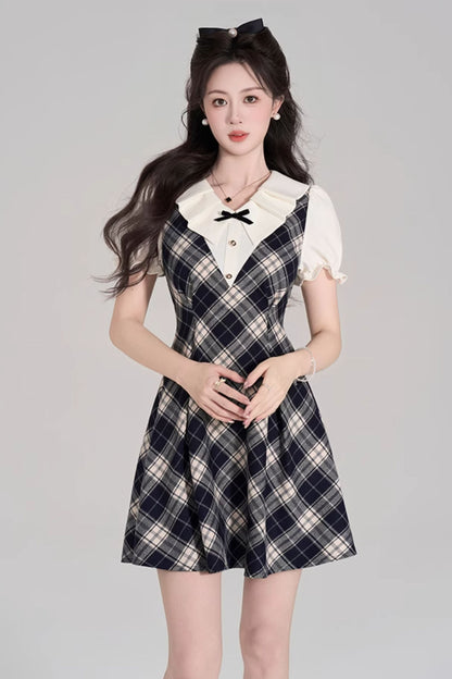 College Style Check Puff Sleeve Dress