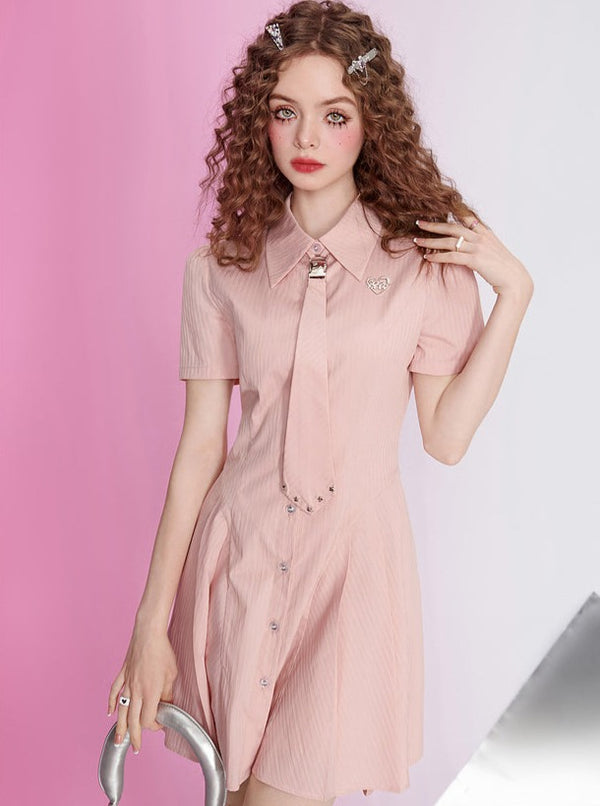 American Hot Girl Lapel Shirt Waist Tie Dress
