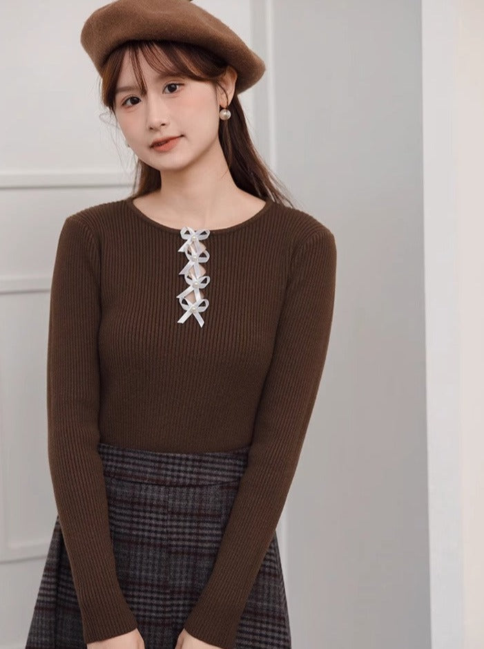 Ribbon Round Neck Design Loose Wool Slim Top