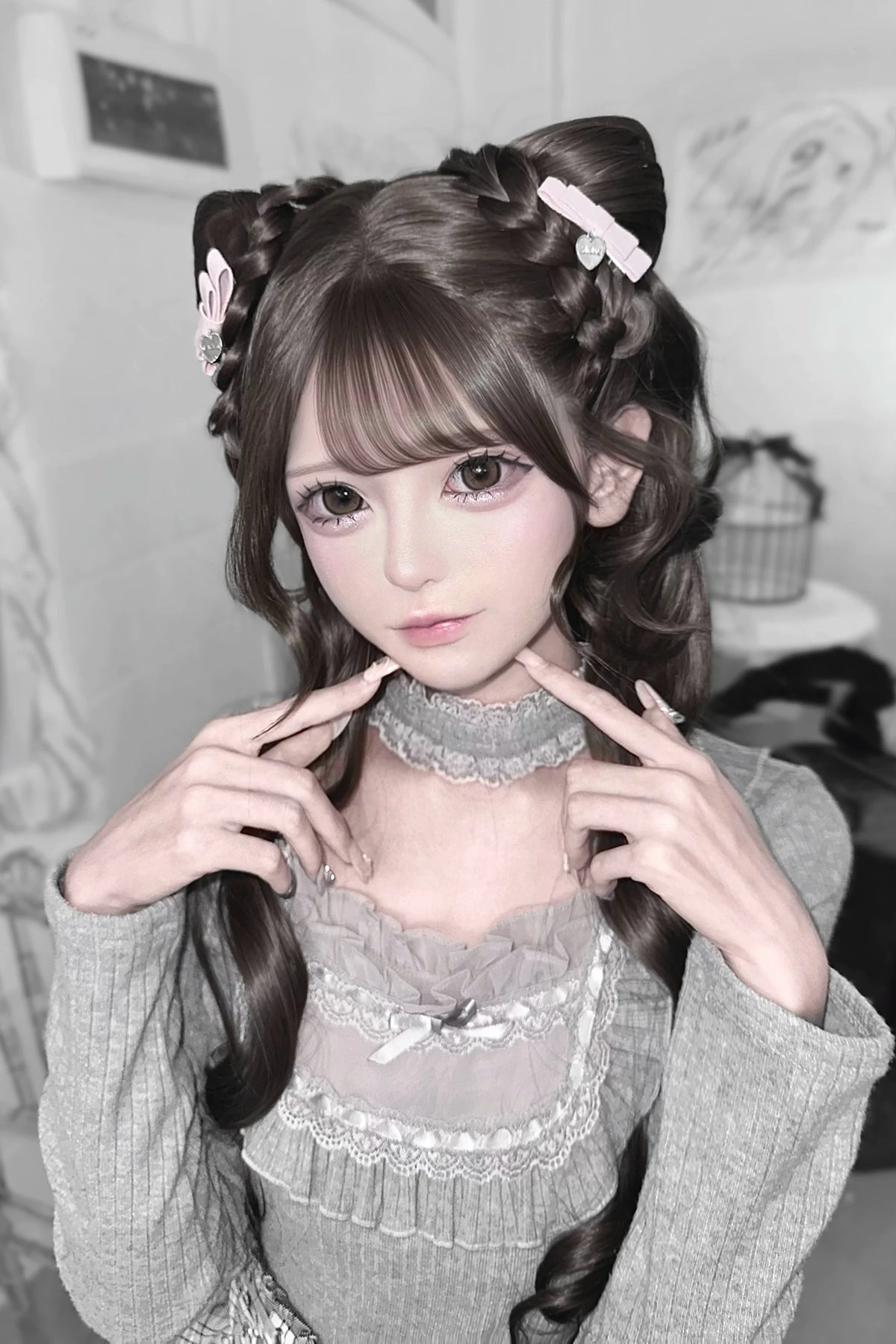 [Pre-order Deadline: October 15] Grey Pink Lace Trim Square Neck Choker Design Knit Top + Lace Trim Plaid Tiered Skirt