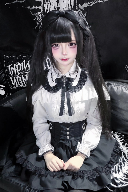 地雷ロングスリーブシャツ+ハイウエストスカート+リボンネクタイ