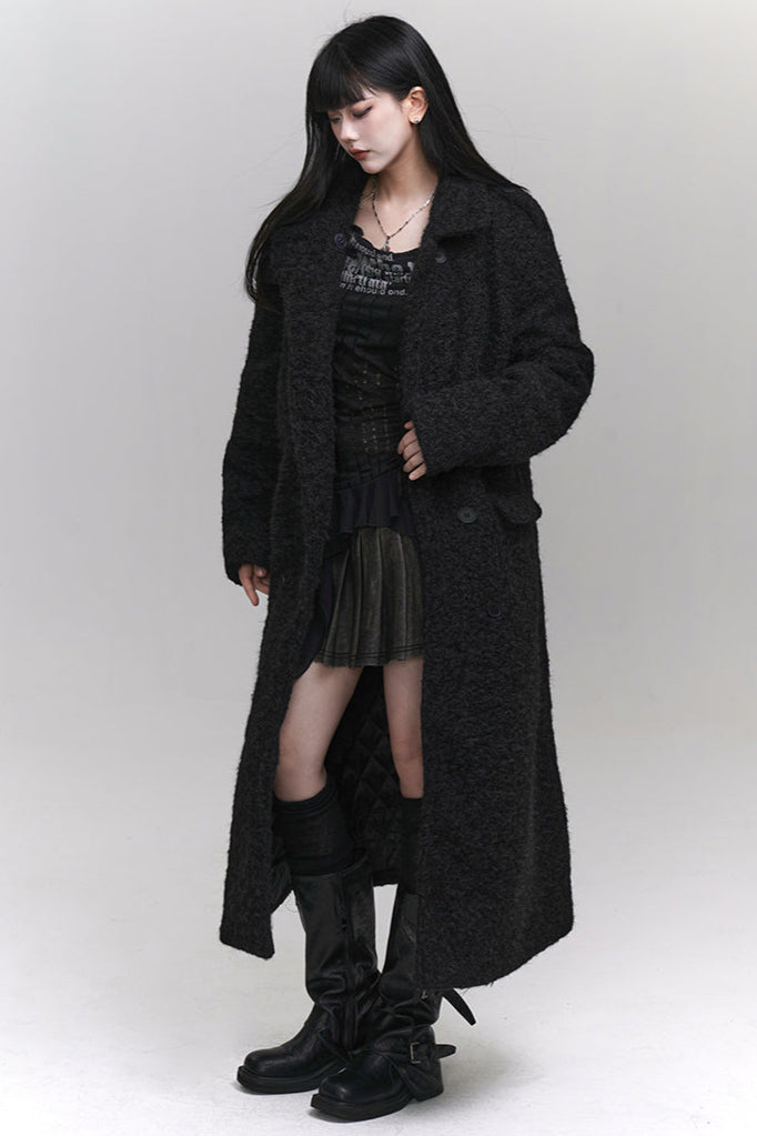 High neck mode dark long wool coat