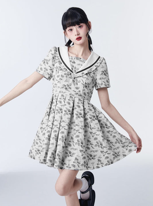 Jacquard pleated skirt sailor dress