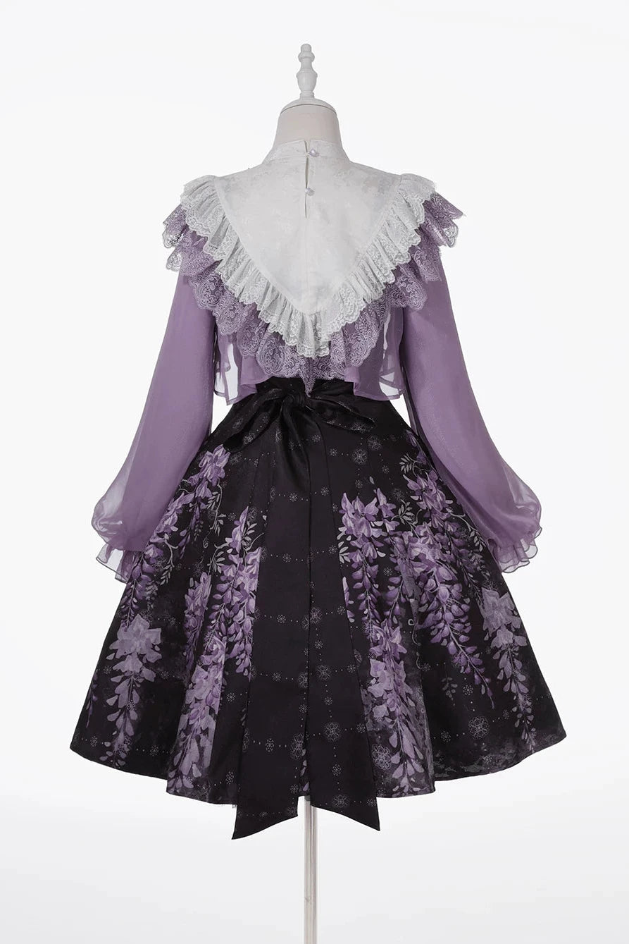 [Reservierungsschluss 8. November] New-Chinese-Lolita-Set mit mondbeschienenem wisterienviolettem JSK-Kleid + kurzem Spitzentop mit Schwalbenstickerei und Quasten