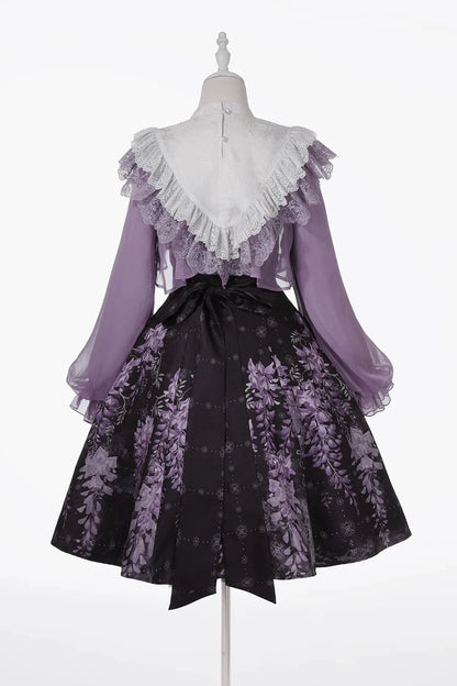 [Reservierungsschluss 8. November] New-Chinese-Lolita-Set mit mondbeschienenem wisterienviolettem JSK-Kleid + kurzem Spitzentop mit Schwalbenstickerei und Quasten