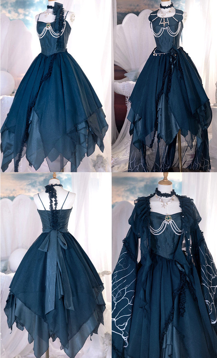 [Reservierungsschluss 1. Juni] Dunkelblau/Pink/Dunkelpetrol Atlantis Dark-Fantasy-Lolita Sternen-Korsett asymmetrisches Bustier-JKS-Kleid