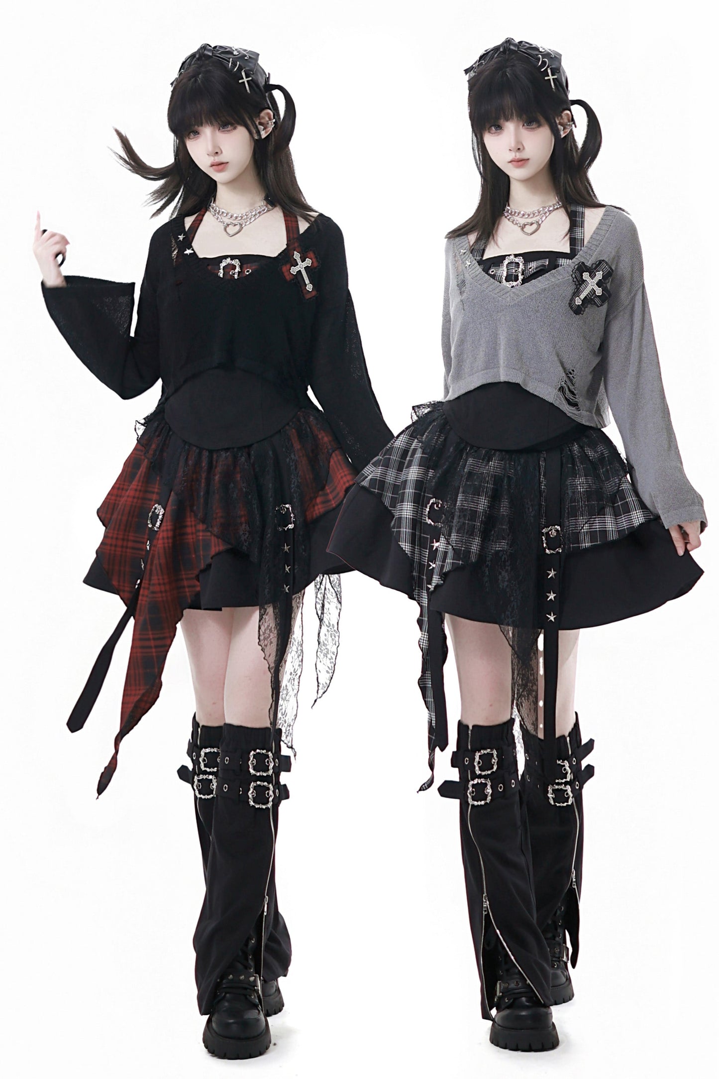 ホルターネックベスト+ルーズトップス+チェックスカート+レッグウォーマー